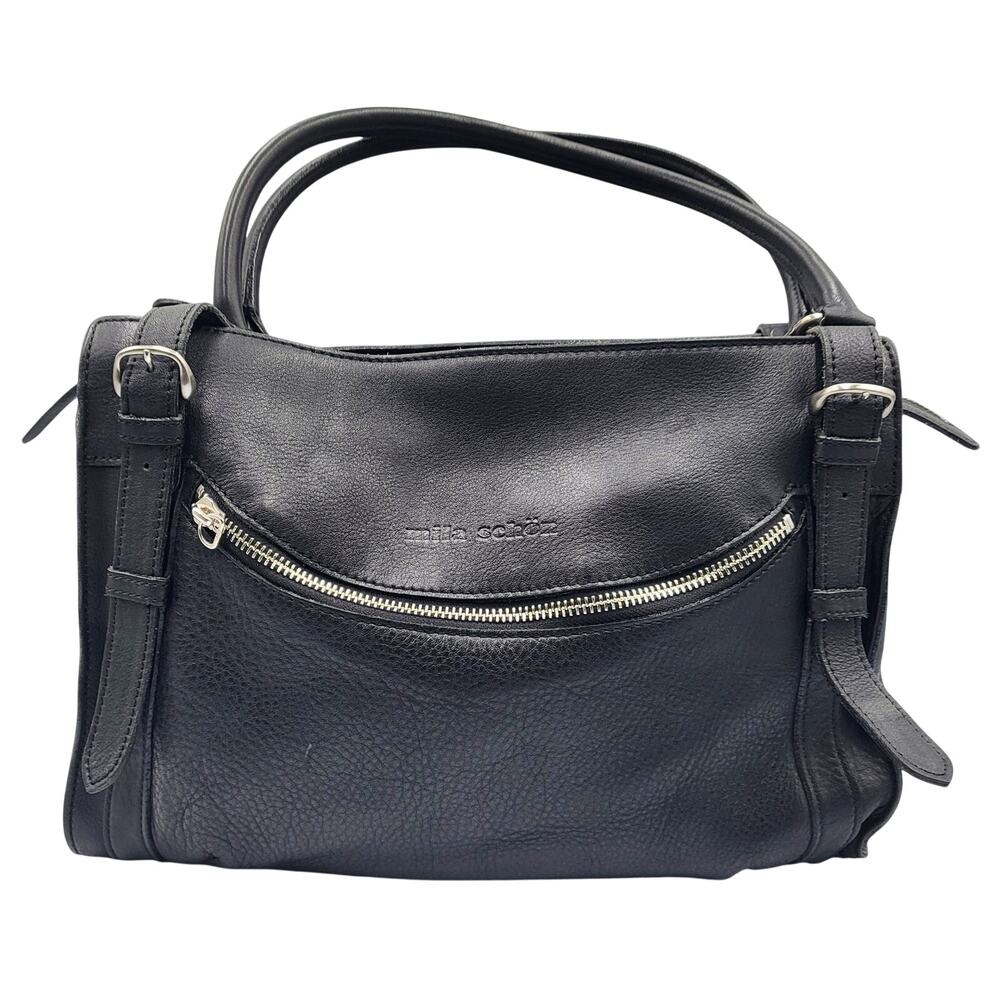 Mila Schön Soft Black Pebbled Leather Luxury Satchel Top Handle Handbag Top Zip